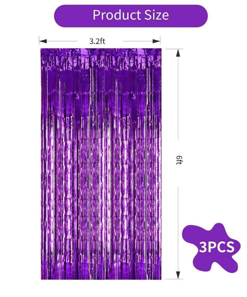 TONIFUL 3Pcs Purple Door Streamers,Purple Photo Booth Backdrop,Metallic Streamers Foil Fringe Curtains for Halloween Birthday,Christmas,New Year,St. Patrick's Day Party Decor(9.9ft x 6.6ft) - Image 2